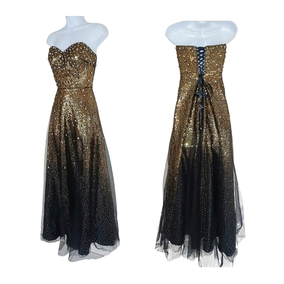 Disney Gold Black Sequin Tulle Strapless Corset Gown Dress S-M - Picture 5 of 6